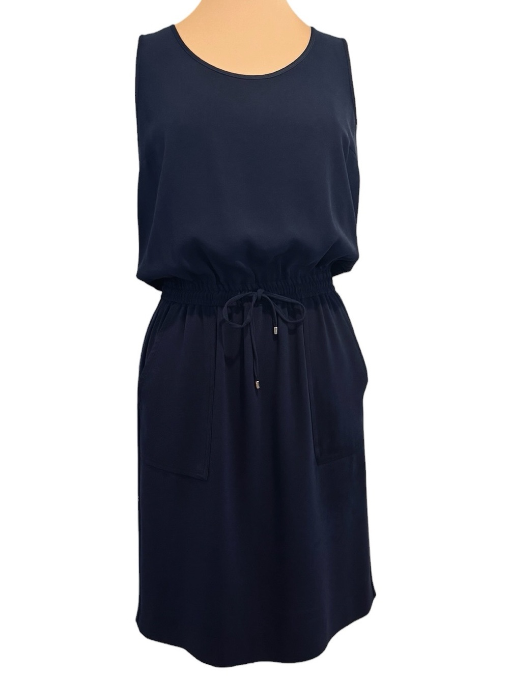Gerard Darel Navy sleeveless midi dress drawstring waist, pockets French sz 38